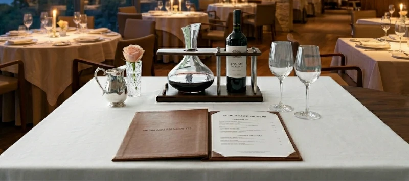 A imagem mostra um restaurante sofisticado e elegante, com mesas bem organizadas, iluminação aconchegante e vista panorâmica para a cidade e um rio ao entardecer.