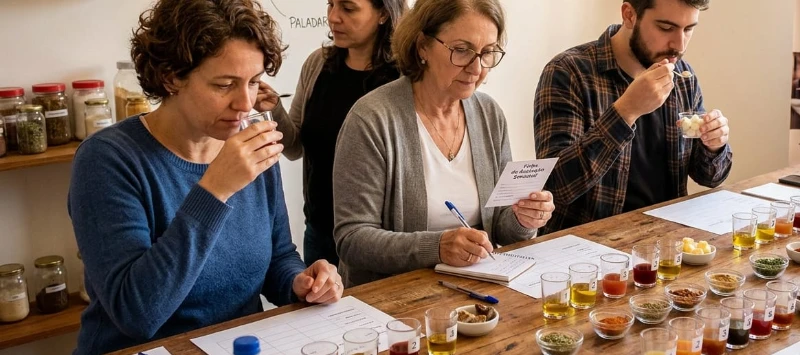 A imagem mostra uma oficina de degustação sensorial, onde os participantes avaliam diferentes aromas, sabores e texturas de alimentos e bebidas.