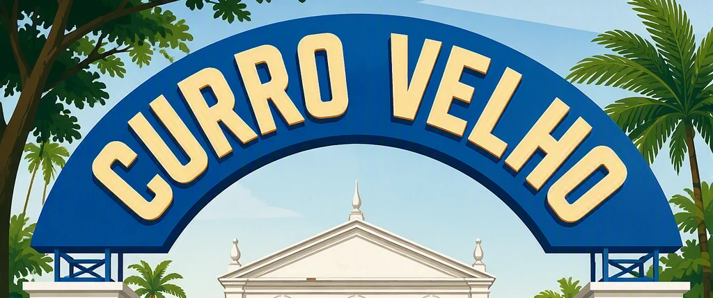  Placa da entrada do Curro Velho. Fundo azul com letras em caixa alta na cor branca.